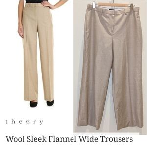 Theory Virgin Wool Sleek Flannel Wide Trousers Beige Size 12